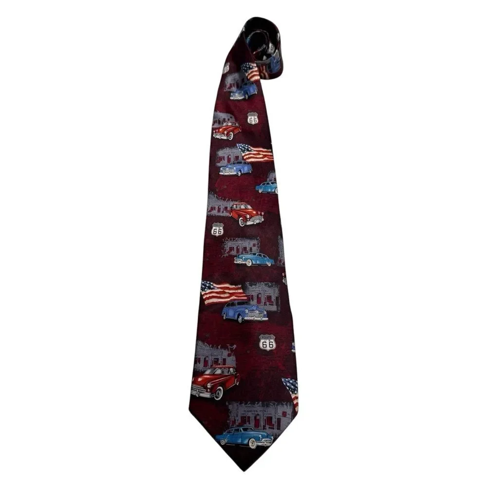 Tango Route 66 Classic Car USA Flag Silk Necktie Tie Handmade